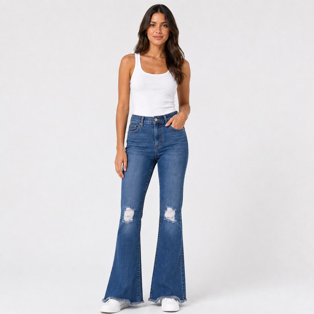 70’s Pink Label Social Club NYC Flare Jeans Size 7 Distressed Raw Hem Bell